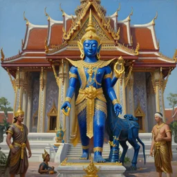 a dmt blue and golden entity thai architecture, tim hildebrandt, wayne barlowe, bruce pennington, donato giancola, trending on artstation, cinematic composition, beautiful lighting, hyper detailed, 8 k, oil on canvas