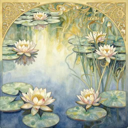 a beautifull intricate watercolor painting of water lilies, reflexions, verry high details by william turner art, greg rutkowski and alphonse mucha, trending on artstation, very very detailed, masterpiece, - h 7 0 4