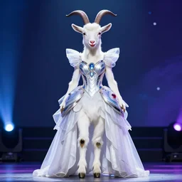 goat in a futuristic dress with red lips on a stage