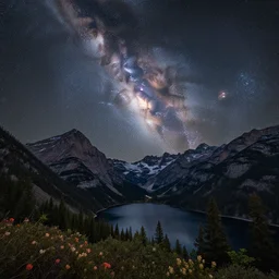 a beautiful double exposure of a deep field astrophotography image by hubble in the sky, and a night time landscape with towering mountains, forests and a still lake, snow, lpoty, award winning, apod, low noise, detailed, sharp, elevated point of view