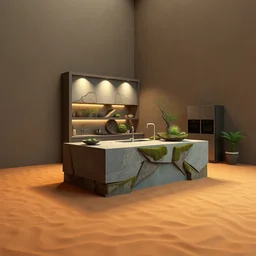 a island kitchen room made of rectangle tetris, made of steel and moss and oasis, octane render, trending on artstation, on hard desert sand floor