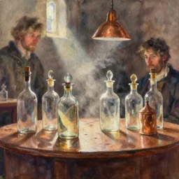 paint brush strokes, abstract watercolor painting of medieval pharmacy, western saloon, transparent glass bottles, reflective copper, dust, art by hans dahl, by jesper ejsing, art by anders zorn, wonderful masterpiece by greg rutkowski, cinematic light, american romanticism by greg manchess, creation by tyler edlin