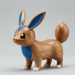 a zoomed out studio product shot of a rounded carved smooth cherry wood and resin pokemon umbreon in profile, like a catalog photograph, where distinct sections of the carving are blue resin, but is mostly wood, with a smooth featureless minimalist short wooden nose with no nostrils, and a round minimalist behind