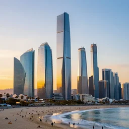 futuristic los angeles with gigantic glass skyscrapers, sunset, view from the sea, crowded beach, birds in the sky, hyperdetailed, artstation, cgsociety, 8 k