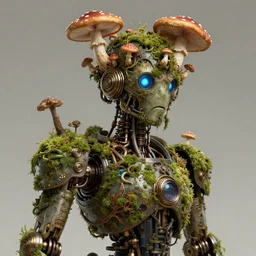 a steampunk robot with mushrooms growing out of it's head, intertwined with fungus and vines, overgrown, moss, mycelium, detailed, 4 k, trending in artstation