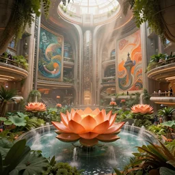 floating lotus exige ( orange ), within interior futuristic expansive city hall solarpunk 2 0 7 7, sci - fi, fantasy, wide angle highly detailed by santiago calatrava, foliage, fountains, wall art!, levitating people, by saturno butto and wlod, captivating 8 k hdr, octane render godrays