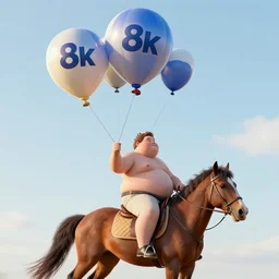 photograph of morbidly obese man riding a horse. Three weather balloons are attached to the man, 8k, octane render