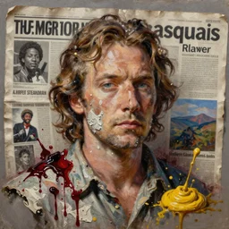hyperrealistic, photorealistic, mixed media oil painting of hunter s. thompson, magazine scraps, plaster, blood, oil, mustard, splatter, greg rutkowski, basquiat, ralph steadman