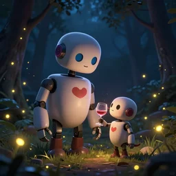 a big and a little evil robot with a big head drinking wine at night in a forest with fireflies, backlighting, trending on artstation, night lighting, cgi, bokeh, dreamy