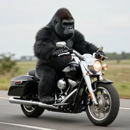 gorilla on a Harley Davidson on the road, funny picture