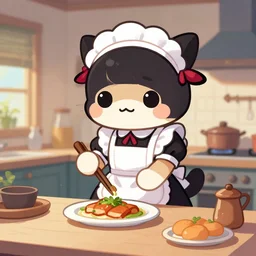 a cute anthropomorphic maid preparing dinner in the kitchen. league of legends splash art