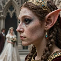 closeup profile medieval nicoletta ceccoli, mark ryden, lostfish, hyung tae, frank frazetta, face portrait of medieval goblin and theresa russell marriage portrait, depth of field, detailed and intricate gothic environment, 8 k resolution, hyperrealistic, octane render