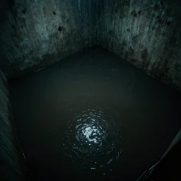 a flooded room with water, dark, uncanny, morbid, top view