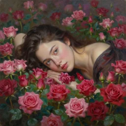 painting of A woman laying in a sea of Roses and flora from super mario brothers, trending on ArtStation, masterpiece, by Greg Rutkowski, by Ross Tran, by Fenghua Zhong, octane, clear eyes, soft render, clear facial features, oil on canvas, moody lighting, cinematic, professional environment concept art