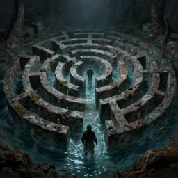 labyrinth half filled with water, dynamic, scary, detailed, cinematic, dramatic lighting, by william zorach