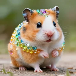 photo of cute faceted hamster made of large rainbow gemstones, hamster made of large gemstones