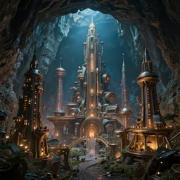 a fantasy steampunk city hidden inside a cave, deep colour\'s, realistic, hyperrealistic, concept art, stylized, unreal engine 5, trending on art station, W 1024