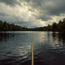 symmetrical photograph of an long rope floating on the surface of the water, the rope is snaking from the foreground towards the center of the lake, a dark lake on a cloudy day, trees in the background, moody scene, dreamy kodak color stock, anamorphic lens