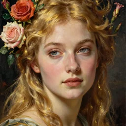 beautiful portrait of a stunning blonde woman as Grande Odalisque, beautiful eyes, colourful roses and gladioli, close-up, face in focus, golden ratio, intricate oil painting by John William Godward by Anna Dittman by Jean-Auguste-Dominique Ingres, Neo-Gothic, Neoclassical