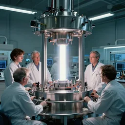 teleportation machine in a laboratory, with scientists working on it and studying it, the machine is a large metal contraption with a bright light in the center by keith parkinson