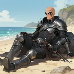 a steel inquisitor from the series mistborn ( a bald man with black facial tattoos and steel spikes where his eyes should be ) relaxing on a beach, style of artstation and deviantart.
