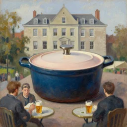 a dutch oven the size of a building in the background. the foreground has people drinking in a beer garden, oil painting