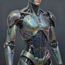 cyborg armour made of intricate complex circuitry and microchips, iridescent, colorful, intricate linework, realistic oil painting, rutkowski, wlop, chebokha, artgerm
