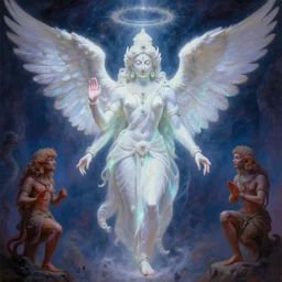 psychedelic glowing hindu white angel dmt deity, tim hildebrandt, wayne barlowe, bruce pennington, donato giancola, trending on artstation, cinematic composition, raytracing, beautiful lighting, hyper detailed, 8 k, oil on canvas