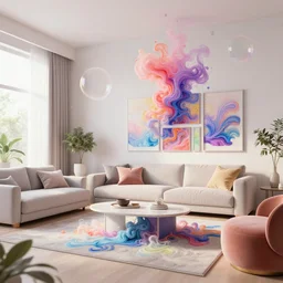 a photo of a modern living room full of insane detailed colorfull smoke, clean architecture, pictures in the wall, flying soap boubles, pastel colored, intricate detailed 3 d render, hyper realistic intricate acrilic fluid art, intense colors, wide shot, octane render, concept art, daylight, peaceful, 8 k