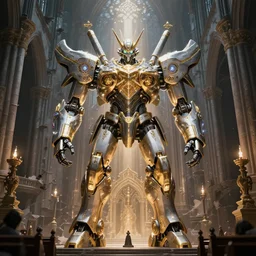 giants robot pray in a ruined church, intricate, elegant glowing light, greg rutkowski, very high resolution, extremely hyperdetailed
