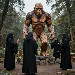 black robe occultists worshipping a giant Wooden bigfoot statue