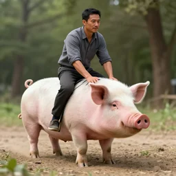 a man riding a pig photorealistic render