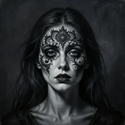 dramatic matte portrait painting of woman with black mandelbrot fractal instead of face, in style of zdzisław beksinski, horror, body horror, dark art, 4 k, detailed, realistic, psychotic, insane, crazy, mental illness, dramatic,