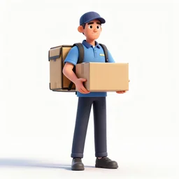 wise delivery courier with package, detailed 3d character render, full body, standing, isolated on a pure white background, centered, whole figure in frame, sharp focus, studio lighting