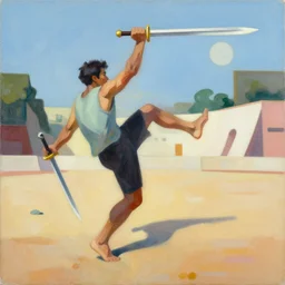 a man in an arena tripping over a sword, profile picture, organic painting, sunny day, matte painting, bold shapes, hard edges, street art, trending on artstation, by huang guangjian, gil elvgren, ruan jia, randy vargas, greg rutkowski