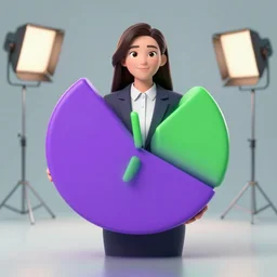 hyperreal lifelike corporate portrait, anthropomorphic edible piechart sales executive, purple green color scheme, professional studio lighting