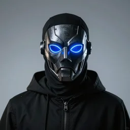 man with techno mask with glowing blue eyes, and a black cloak