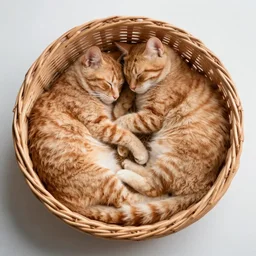two orange cats sleeping in a basket in a ying Yang pattern, realistic