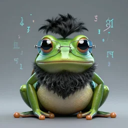 portrait of small frog in cyberpunk glasses, rage, full beard, black short hair, some gray hair, fashion editorial photography, cyberpunk, symmetrical portrait, super detailed, numbers, mathematic symbols and runes floating,