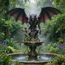 a tar demon worshipping a satanic altar atop a fountain in a lush dense verdant garden by ferdinand knab and gil elvgren and wendy froud, bat wings, mist, hyperrealism, volumetric lighting, god rays, ultrafine details, sfumato, purple flowers, overgrown