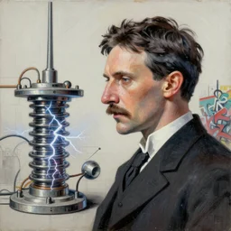 visionary inventor nikola tesla profile picture by sachin teng and artgerm, art style by midjourney, masterpiece, organic painting, matte painting, technical geometrical drawing shapes, lightning electricity coil, hard edges, graffiti, street art by sachin teng