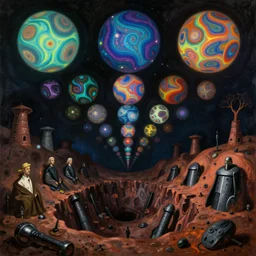 phosphorescent, iridescent, psychedelic, marbled sphere floating in row to infinity above the hell pit mines. painting by caspar david friedrich, agnes pelton, max ernst, bosch.