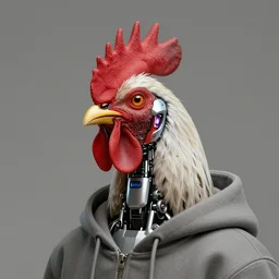 a portrait of a robotic rooster wearing a hoodie, surreal, face, detailed, intricate, elegant, lithe, highly detailed, digital painting, artstation, concept art, smooth, sharp focus, illustration