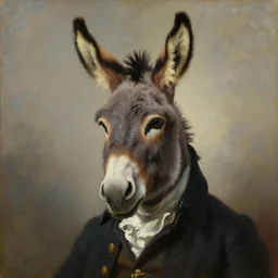 a head and shoulders portrait painting of an anthropomorphic!!!!!!!!!! donkey!!!!!!!!!! wearing a colonial outfit without a hat looking off camera, a character portrait, american romanticism, oil on canvas, soft focus