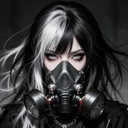 face portrait of goth anime girl with black and white hair wearing a gas mask, symmetry, digital painting, trending on artstation and deviantart, epic composition, dynamic, highly detailed, ross draws, wlop, 8 k