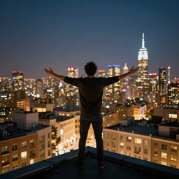 a man is standing on a rooftop he has his arms outstretched and he is looking at the city the city is lit up and it looks beautiful