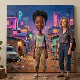 stylish caricature art of a deserted neon lit ajegunle slum in nigeria, photographed by vivian maier, unreal engine 3 d vfx render, digital illustration by mike winkelmann & tadanori yokoo, intricate detail, volumetric light, ray tracing, soft light, colourful, claymation, acrylic on canvas, cinestill, rule of thirds,