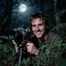 Shia Labeouf, smiling eerily and holding a knife, peering through foliage in the forest, horror movie moonlight, Eastman Color Negative II 100T 5247, ARRIFLEX 35 BL Camera