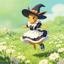 female butterfree pokemon with black eyes and antennae like a mantis wearing a floe maidlike dress floating over a field of daisies wearing converse shoes and a witch hat, digital illustration by ruan jia on artstation
