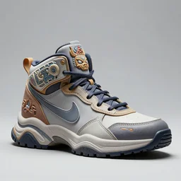 perfect sleek sneaker artstation concept art design, nike high top armored chunky shoes, sneaker design with sculpted aztec animal head motifs, chunky sci fi overwatch fantasy jrpg shoes designed by akira toriyama and studio ghibli